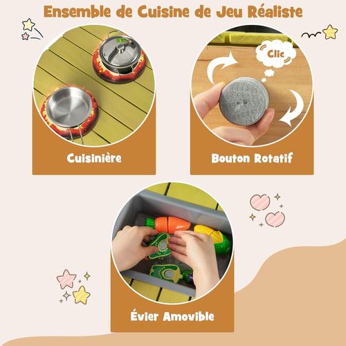 Cuisine Extérieure Enfant Bois 75x35x92cm, Évier Amovible,2 Pots,3 Crochets,3 Ans+,naturel