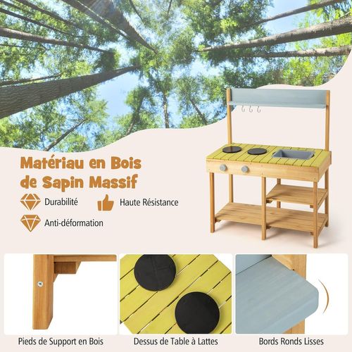 Cuisine Extérieure Enfant Bois 75x35x92cm, Évier Amovible,2 Pots,3 Crochets,3 Ans+,naturel