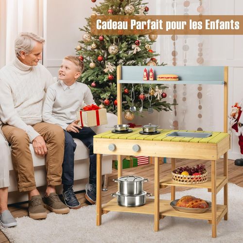 Cuisine Extérieure Enfant Bois 75x35x92cm, Évier Amovible,2 Pots,3 Crochets,3 Ans+,naturel