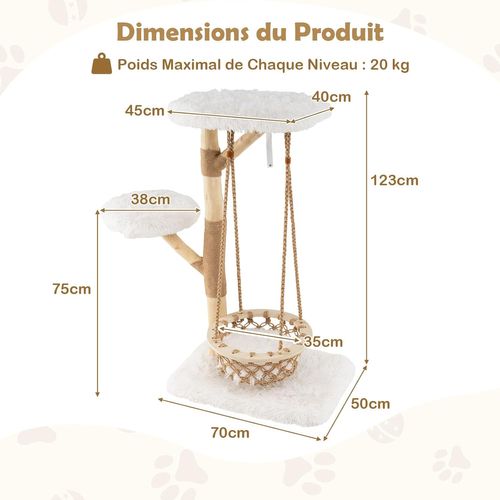 Petit Arbre à Chat 66 Cm, Arbre à Chat En Bois D’poirier, Berceau, Poteaux à Griffer En Jute