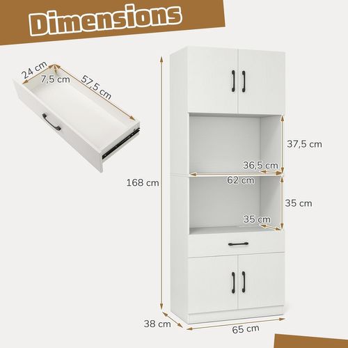 Buffet Cuisine Avec Station De Charge,armoire Garde-manger Avec 4 Portes, Buffet Avec Tiroir,blanc