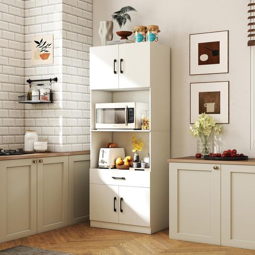 Buffet Cuisine Avec Station De Charge,armoire Garde-manger Avec 4 Portes, Buffet Avec Tiroir,blanc