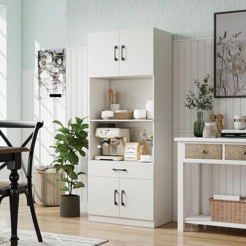 Buffet Cuisine Avec Station De Charge,armoire Garde-manger Avec 4 Portes, Buffet Avec Tiroir,blanc