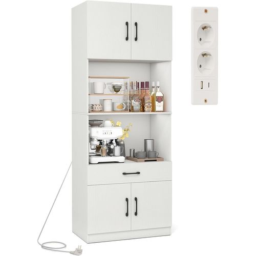 Buffet Cuisine Avec Station De Charge,armoire Garde-manger Avec 4 Portes, Buffet Avec Tiroir,blanc
