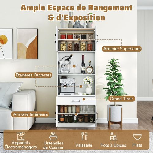Buffet Cuisine Avec Station De Charge,armoire Garde-manger Avec 4 Portes, Buffet Avec Tiroir,blanc
