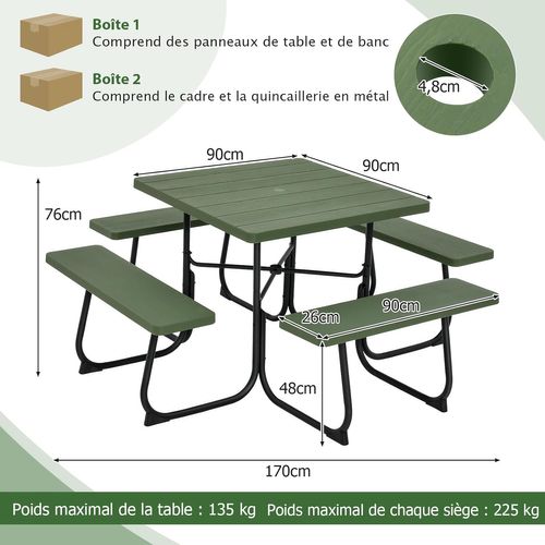 Table De Pique-nique Avec 4 Bancs Intégrés,trou Pour Parasol, Carrée,170 X 170 X 76 Cm (vert)