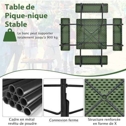 Table De Pique-nique Avec 4 Bancs Intégrés,trou Pour Parasol, Carrée,170 X 170 X 76 Cm (vert)