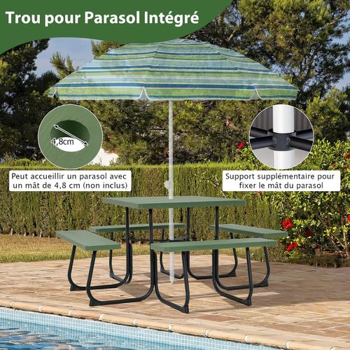 Table De Pique-nique Avec 4 Bancs Intégrés,trou Pour Parasol, Carrée,170 X 170 X 76 Cm (vert)