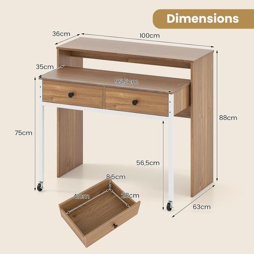 Bureau Extensible, Table D'ordinateur Gain De Place, Bureau Console En Bois Compacte (naturel)