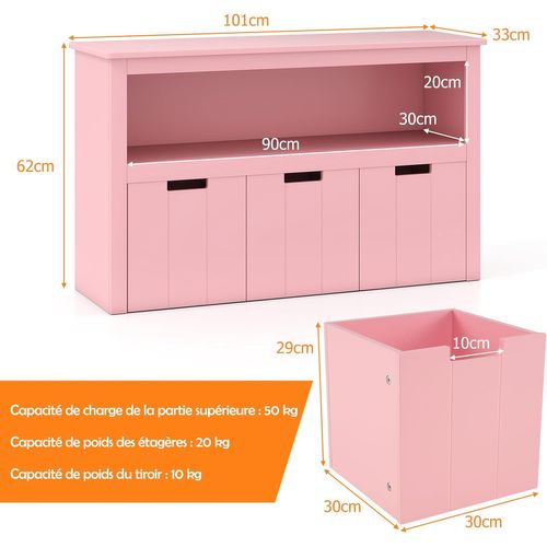 Coffre De Rangement Enfant Pour Jouet Avec 3 Tiroirs Et Compartiment, 101x33x62cm (rose)