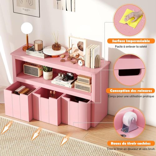 Coffre De Rangement Enfant Pour Jouet Avec 3 Tiroirs Et Compartiment, 101x33x62cm (rose)