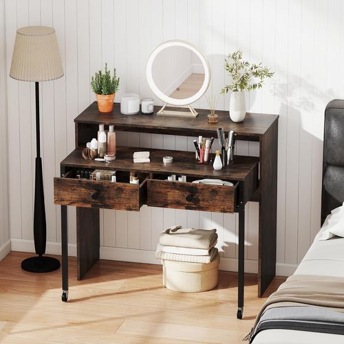 Bureau Extensible, Table D'ordinateur Gain De Place Avec Tiroirs, Bureau Console (marron Rustique)