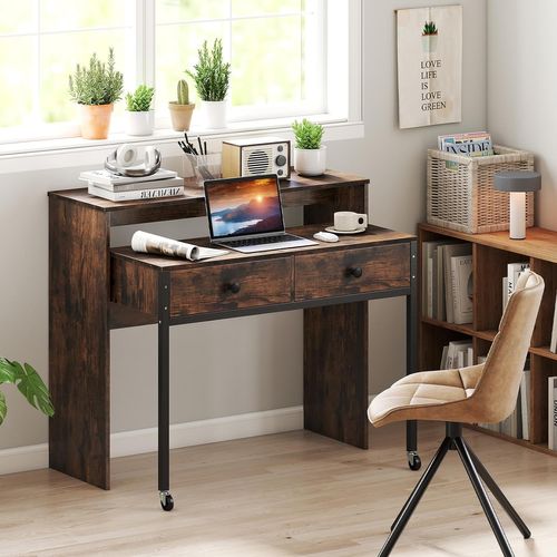 Bureau Extensible, Table D'ordinateur Gain De Place Avec Tiroirs, Bureau Console (marron Rustique)
