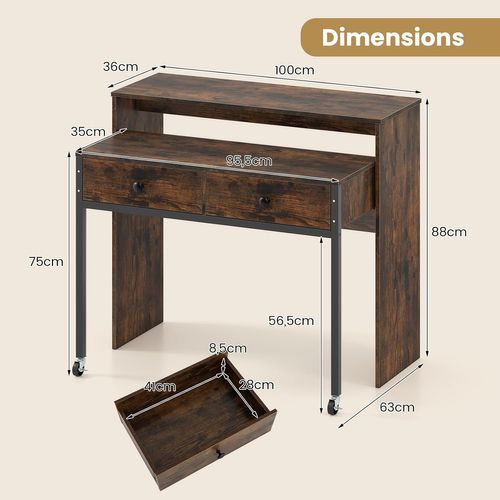 Bureau Extensible, Table D'ordinateur Gain De Place Avec Tiroirs, Bureau Console (marron Rustique)