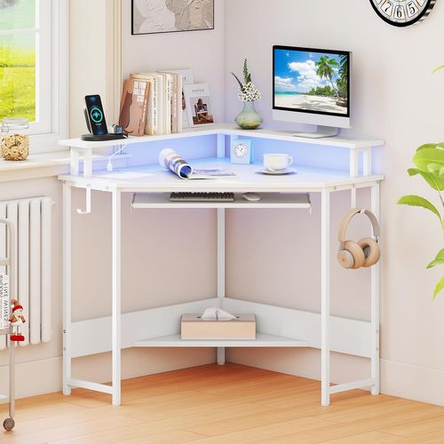 Bureau D'angle Avec Station De Charge, Bureau Gaming Avec LED, Plateau Pour Clavier (blanc)