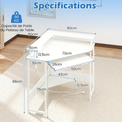 Bureau D'angle Avec Station De Charge, Bureau Gaming Avec LED, Plateau Pour Clavier (blanc)