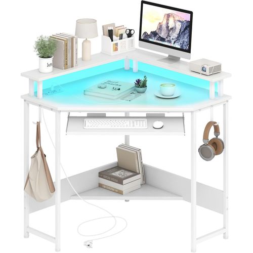 Bureau D'angle Avec Station De Charge, Bureau Gaming Avec LED, Plateau Pour Clavier (blanc)