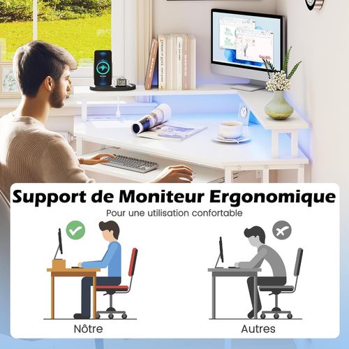 Bureau D'angle Avec Station De Charge, Bureau Gaming Avec LED, Plateau Pour Clavier (blanc)