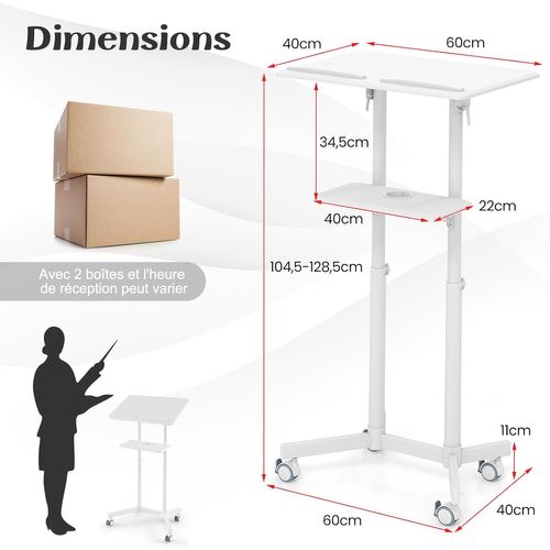 Podium Debout Mobile, Pupitre 104,5-128,5 Cm,  Surface Inclinée Réglable (blanc)