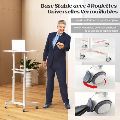 Podium Debout Mobile, Pupitre 104,5-128,5 Cm,  Surface Inclinée Réglable (blanc)