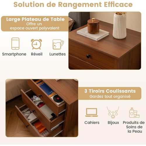 Table De Chevet 3 Tiroirs, Table De Nuit Bois, Chevet De Lit Pour Chambre, 56 X 45 X 66 Cm (noyer)