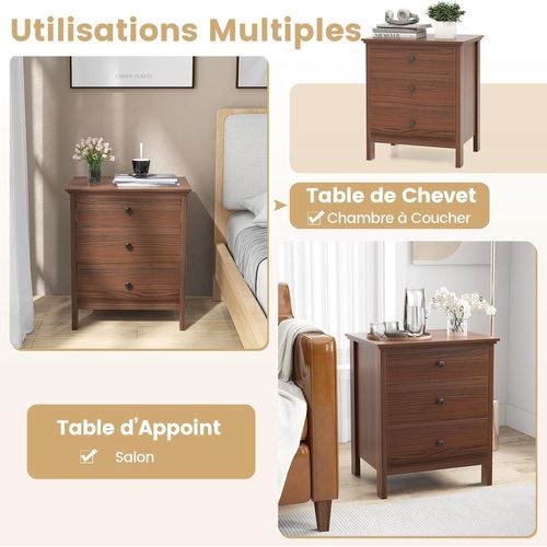 Table De Chevet 3 Tiroirs, Table De Nuit Bois, Chevet De Lit Pour Chambre, 56 X 45 X 66 Cm (noyer)