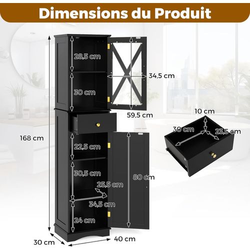 Armoire De Salle De Bain Haute,colonne,meuble De Rangement Avec Placard à Porte(noir)