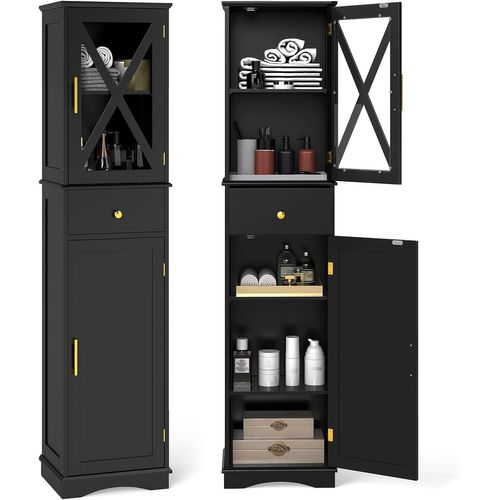 Armoire De Salle De Bain Haute,colonne,meuble De Rangement Avec Placard à Porte(noir)