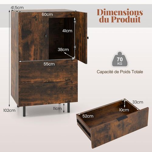 Armoire Rangement Avec Tiroirs, Buffet Salon 2 Portes, Petite Meuble Rangement(marron Rustique)