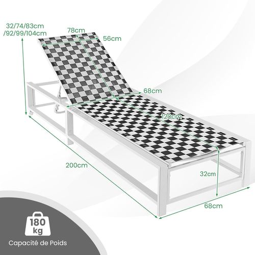Chaise Longue Jardin Exterieur Avec Roues, Réglable Sur 6 Niveaux, Tissu Respirant
