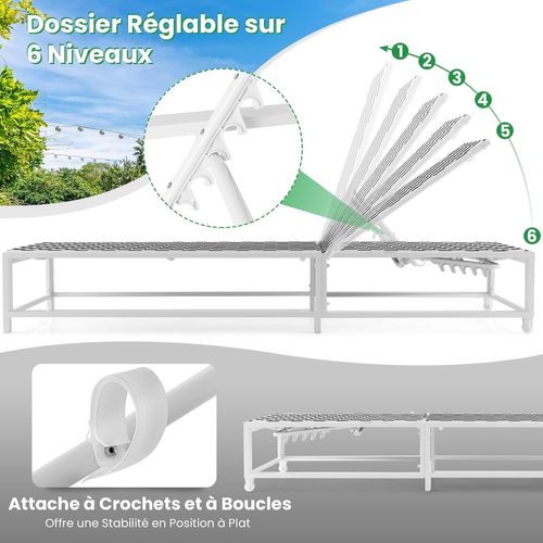 Chaise Longue Jardin Exterieur Avec Roues, Réglable Sur 6 Niveaux, Tissu Respirant
