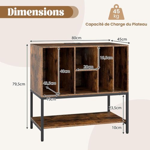 Support Tourne-disque Avec Prise, Rangement Platine Vinyle Avec Étagères (marron Rustique)