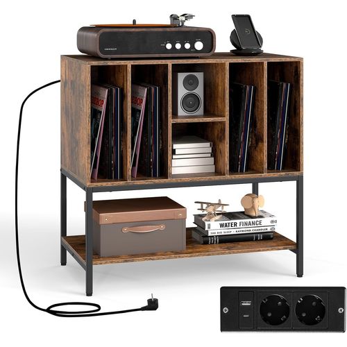 Support Tourne-disque Avec Prise, Rangement Platine Vinyle Avec Étagères (marron Rustique)