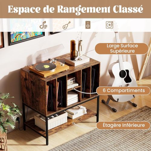 Support Tourne-disque Avec Prise, Rangement Platine Vinyle Avec Étagères (marron Rustique)