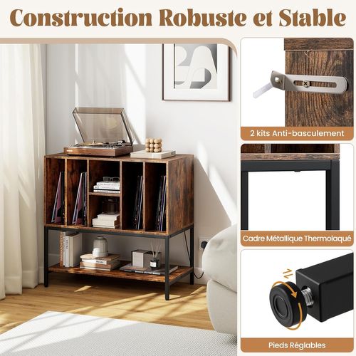 Support Tourne-disque Avec Prise, Rangement Platine Vinyle Avec Étagères (marron Rustique)