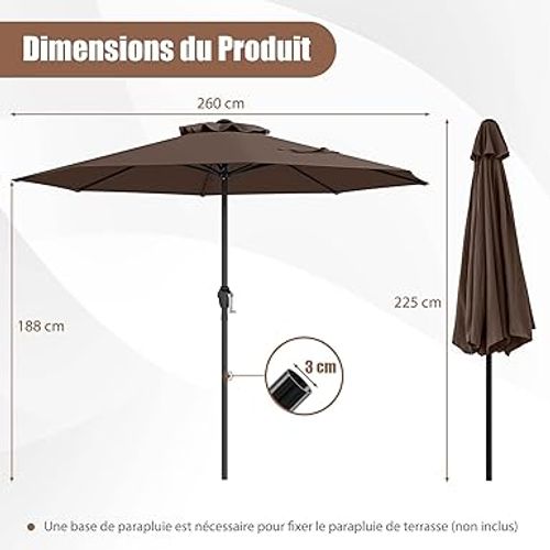Parasol De Jardin Exterieur Avec 8 Baleines Robustes, Toile Polyester, Cadre En Métal