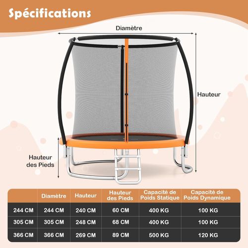 Trampoline Exterieur Enfant Adulte Ø305 Cm, Cadre En Acier Galvanisé Antirouille (orange)