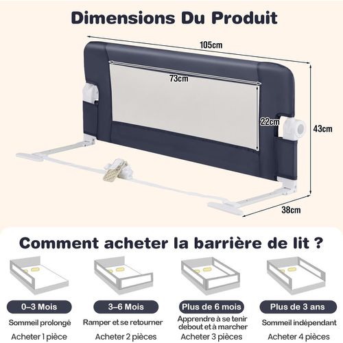Barrière De Lit Enfant 105x43cm, Pliable, Sangle Y, Tissu Oxford, Cadre Métal, 18mois-5ans