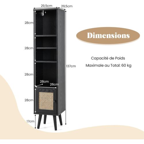 Meuble Colonne De Rangement Avec Porte Rotin Et Pieds En Bois Massif,meuble De Salle De Bain(noir)