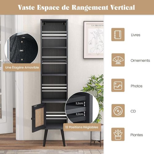 Meuble Colonne De Rangement Avec Porte Rotin Et Pieds En Bois Massif,meuble De Salle De Bain(noir)