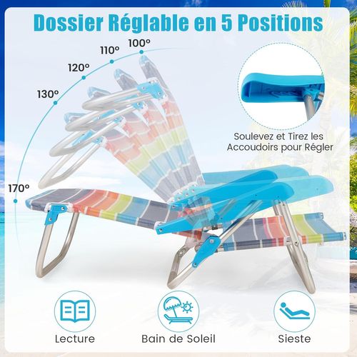 Lot De 2 Chaise De Plage Pliable, Chaise Longue Inclinables, Porte-serviette (64 X 63 X 74 Cm)