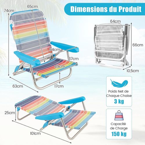Lot De 2 Chaise De Plage Pliable, Chaise Longue Inclinables, Porte-serviette (64 X 63 X 74 Cm)