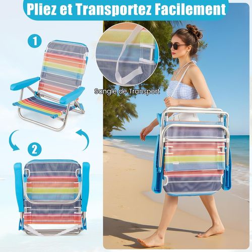 Lot De 2 Chaise De Plage Pliable, Chaise Longue Inclinables, Porte-serviette (64 X 63 X 74 Cm)