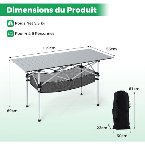 Table De Camping Pliante En Aluminium Pour 4-6 Personnes, Table De Pique-nique,119 X 55 Cm(argent)
