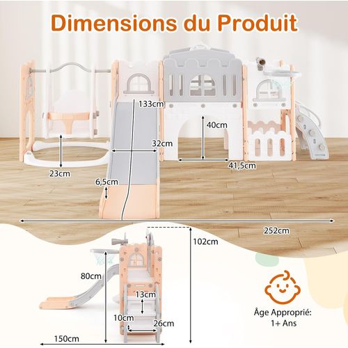 10 En 1 Toboggan Enfant Pliable En Hdpe Avec Balançoire et Panier De Basketball, Aire De Jeux (rose)