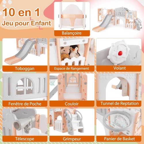 10 En 1 Toboggan Enfant Pliable En Hdpe Avec Balançoire et Panier De Basketball, Aire De Jeux (rose)