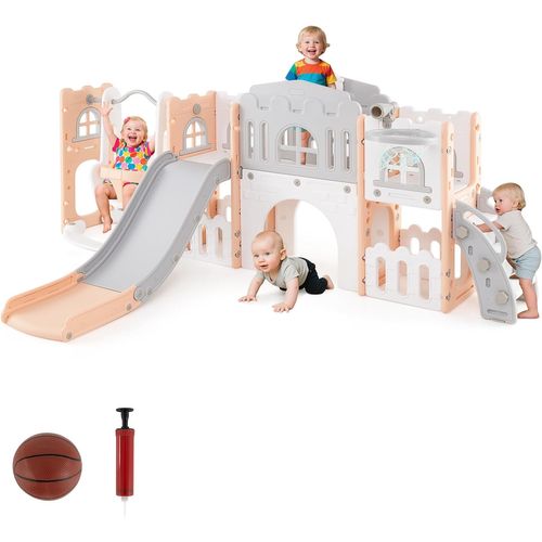 10 En 1 Toboggan Enfant Pliable En Hdpe Avec Balançoire et Panier De Basketball, Aire De Jeux (rose)