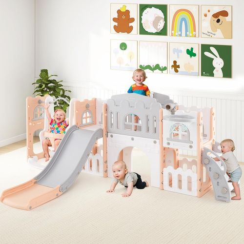 10 En 1 Toboggan Enfant Pliable En Hdpe Avec Balançoire et Panier De Basketball, Aire De Jeux (rose)