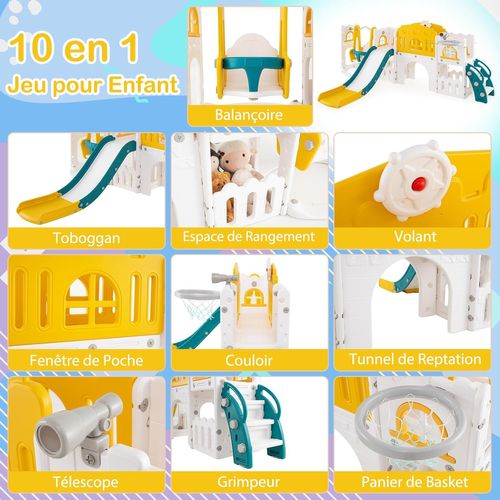 10 En 1 Toboggan Enfant Pliable En Hdpe Avec Balançoire et Panier De Basketball (jaune)