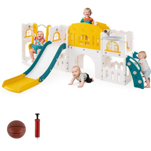 10 En 1 Toboggan Enfant Pliable En Hdpe Avec Balançoire et Panier De Basketball (jaune)